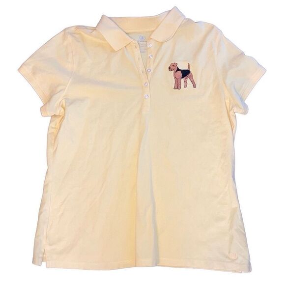 Izod Women’s Sz XL Yellow and Brown Embroidered Airedale Terrier Dog Golf Shirt - Picture 1 of 5